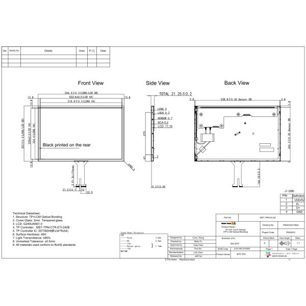 3.9mm TP Thick 1920x1200px 24'' Touch Panel Bonding With LCD Module