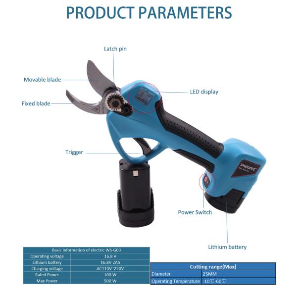 2.5CM Cordless Electric Pruning Shear Battery Orchard Pruner with Display Screen Finger Protection