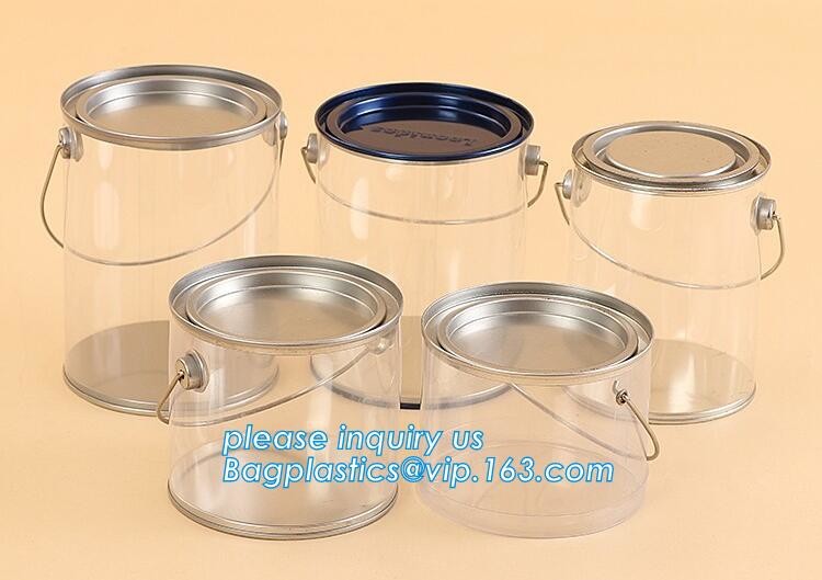 clear PVC PET can for food canning,Customized round clear paint can with tin lid,paint can with tin top & bottom and han