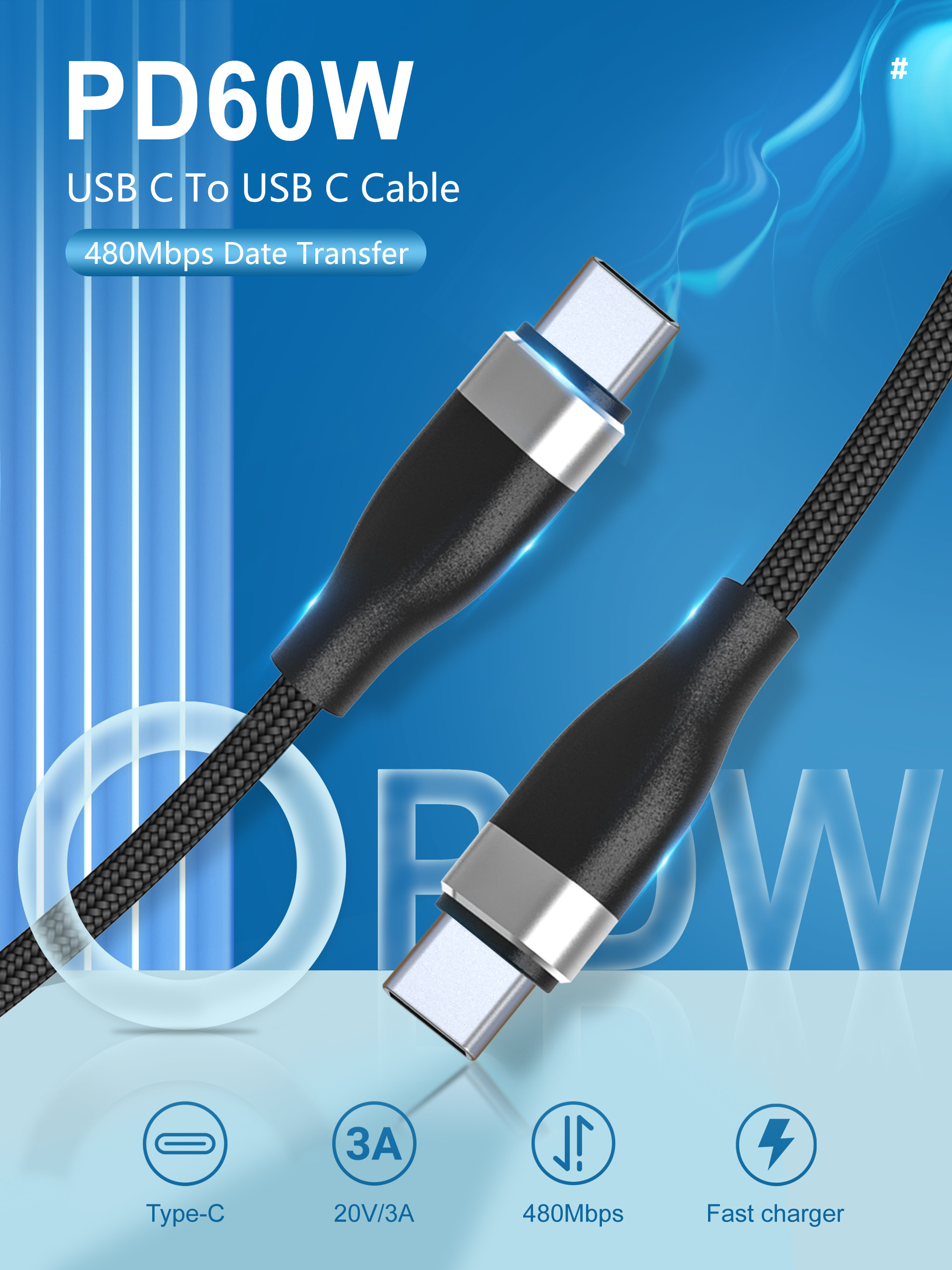 Nylon Fast Charger 3 Foot Usb C Cable , 5V 3A USB Type C To Type C Cable