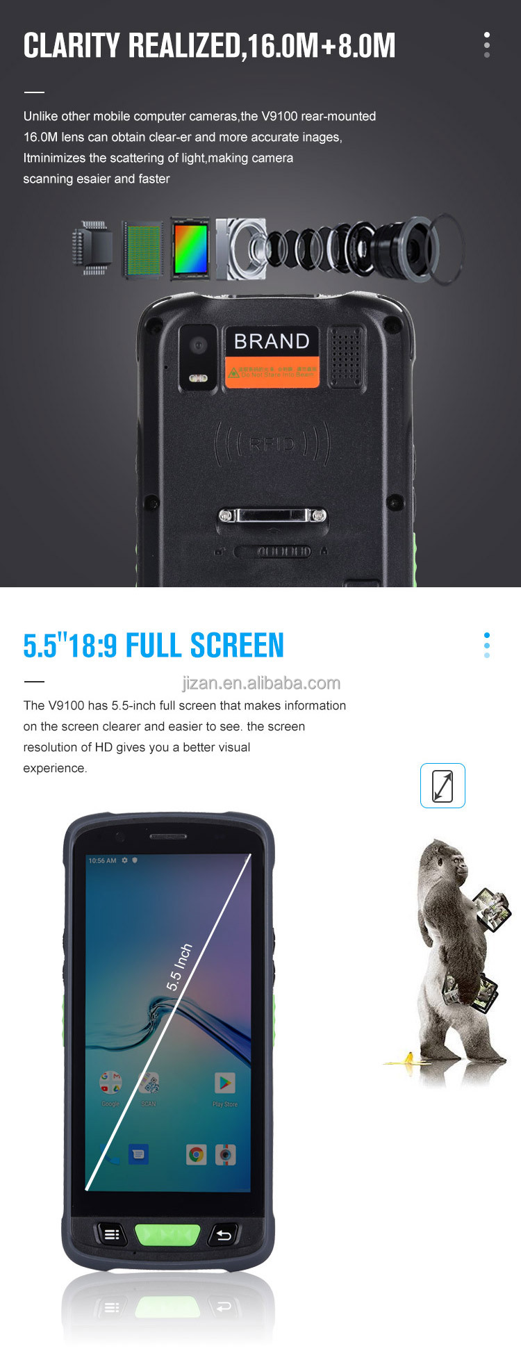 JZIOT V9000P Handheld Portable Barcode Scanner Wireless 2D Barcode Scanner Android OS GPS GSM