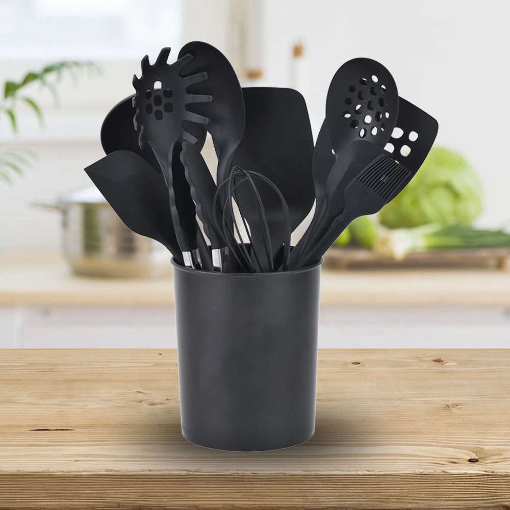 Silk Printing or Debossed Logo 12PCS Silicone Kitchen Utensils Set with Plastic Holder