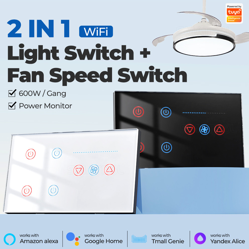 Tuya WiFi Smart Light 4 gang Switch Ceiling Fan Speed Control​​ Timer Voice Power Monitor Support Alexa Google Home Tmall Genie 100-240V