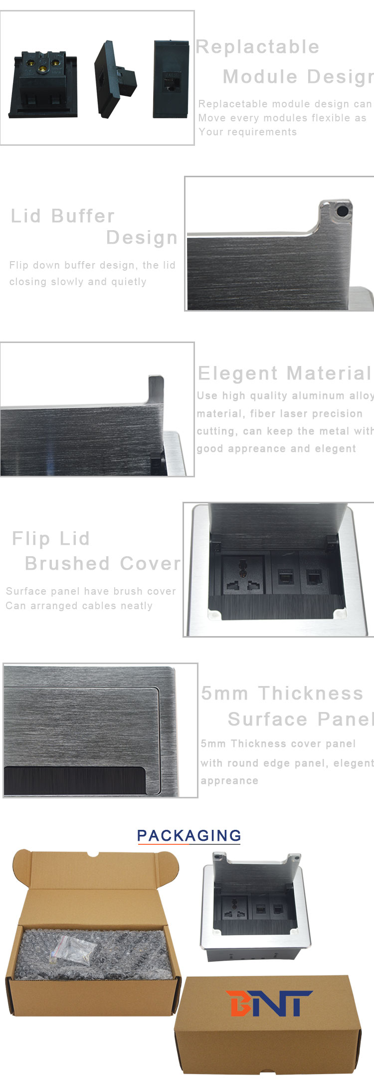 New design silver color flush mount desktop brush socket for conference table