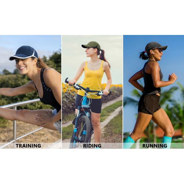 Three womens wearing training hats for running exercising and cycling riding