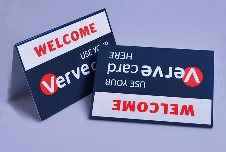 Custom printed plastic PVC Verve Card payment way accepted display table tents
