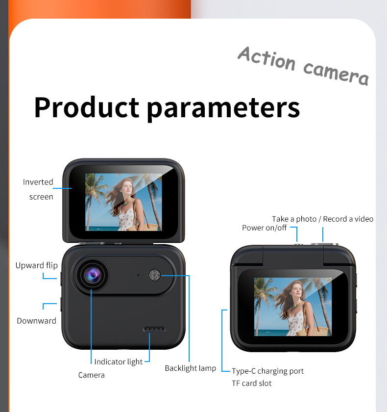 Mini Action Camera 4K HD 2.0 Reversible Flip Display 120 Wide Angle 10m Waterproof 128GB Lightweight Portable Long Battery