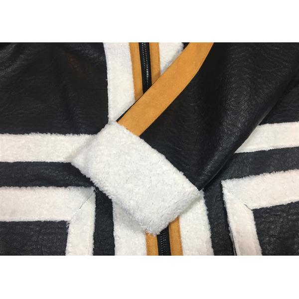 Black PU White Shearling Polyester Coat Warm Contrast Pleather Jacket With Badges For Ladies