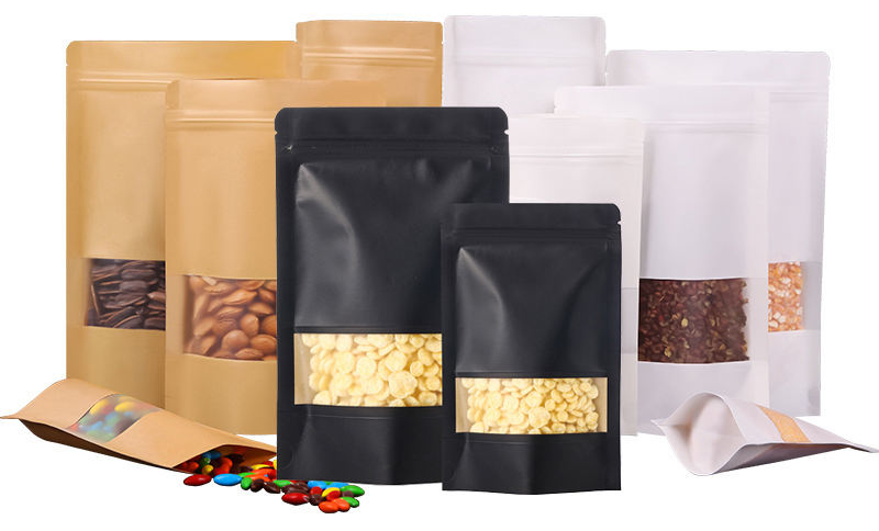 Biodegradable Ziplock Bag Brown White Black Kraft Paper Bag Plastic Packaging Stand up Pouch with Window