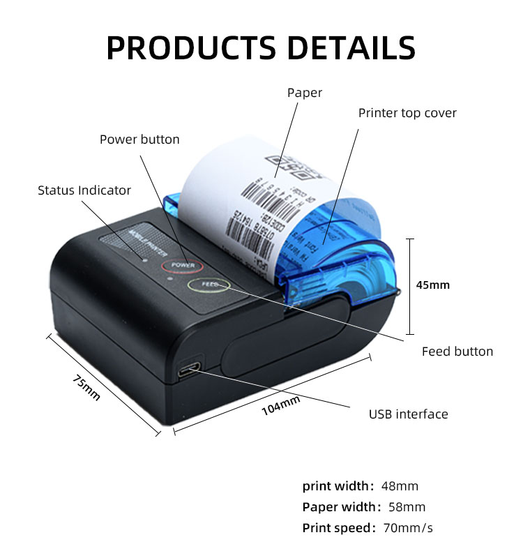 384 Dots/line Max. Resolution Small Thermal Printer for Clothes Portable 58mm Series