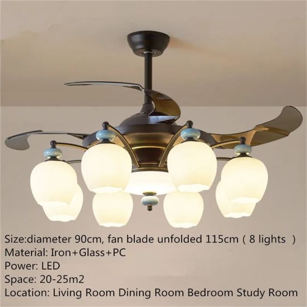 Retractable Blade Modern Folding Fan Light Remote Control Chandelier LED Invisible Ceiling Fan Crystal Light (WH-VLL-29)