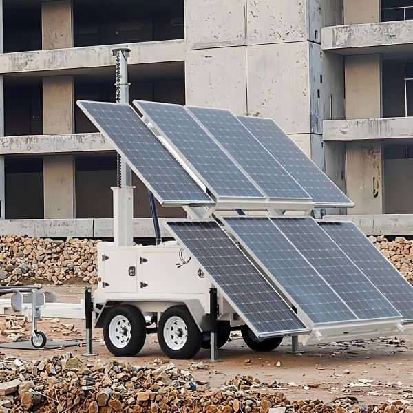 Robust Mobile Solar Light Tower with 14000 lm Light Output, 230Ah LFP Battery, and IP67 Rating for Parking Lot Safety
