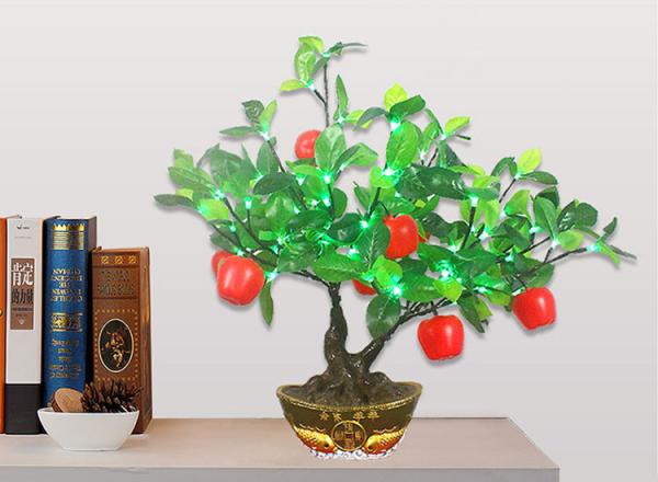 Quality LED Chinese Simulation Bonsai Resin Ornaments Decorative Lamp Peach Blossom Petals Apple Orange Potted Tree Lamp for sale
