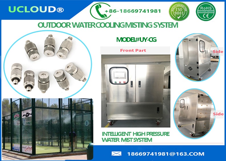 Misting System  Multipurpose High Pressure water misting systems outdoor cooling misting system mist cooling system  Working Principle  The Ucloud ® high-pressure water misting systems(UY-CG-A)use the plunger pump to operate the water pressure between 800 and 900 psi (pounds per square inch). Then the pressured water goes though the specially designed nozzles to create the fine mist fog. The systems will work very effectively in both low and high levels of humidity. Even when the humidity exceeds 90%, the effects of the system will be felt with the rapid drop in temperature and make you feel cool and more comfortable. High Pressure Systems create the most BTU's, because the systems produce smaller mist and creating more cooling evaporation. As the micron water droplets flash evaporate they pick up heat from the air, which significantly drops the temperature between 25 and 35 degrees Fahrenheit, without making you wet.