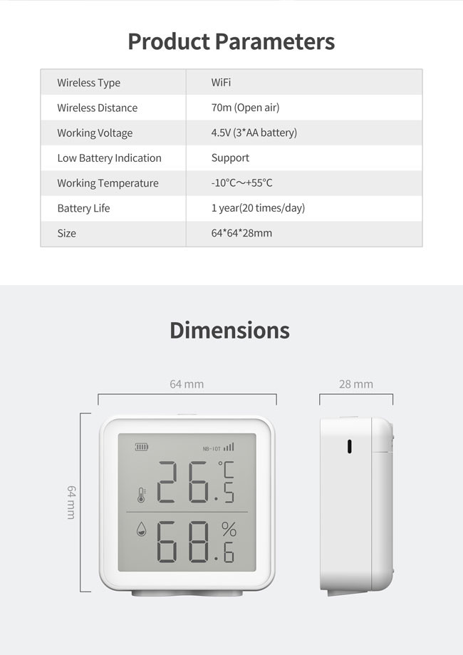 802.11 WiFi Temperature Humidity Sensor 70m Communication Range Low Power Indication