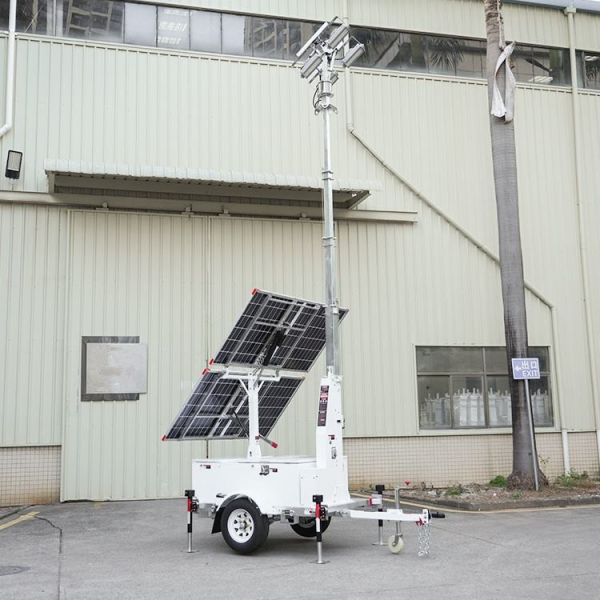 Robust Mobile Solar Light Tower with 14000 lm Light Output, 230Ah LFP Battery, and IP67 Rating for Parking Lot Safety