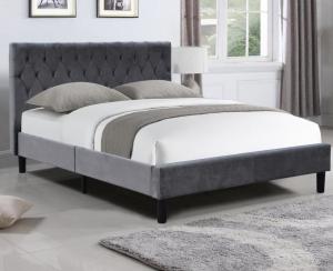 China Velvet Fabric Dark Grey Upholstered Bed Frame Queen Size With Buttons On Headboard wholesale
