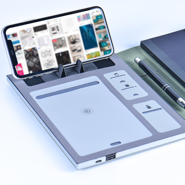 Custom High Quality Luxury Hardcover Business Powerbank Leather Multifunctional Wireless Charging A5 Notebook