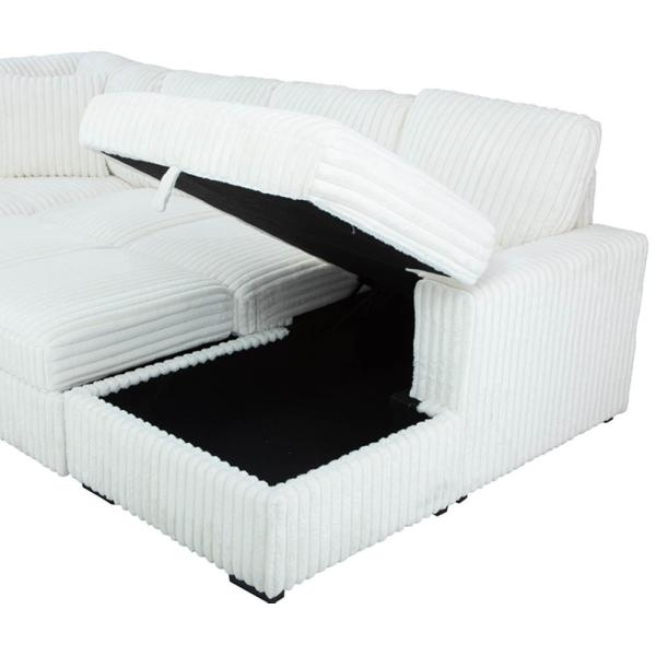 U-Shaped Sectional Sleeper Sofa with Pull Out Bed and Storage Chaise Lounge and USB Charging Port, Beige Corduroy Fabric