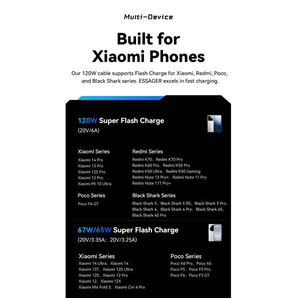 Xiaomi Redmi 120W Type C Charging Cable USB A To USB C ESSAGER ES-X47