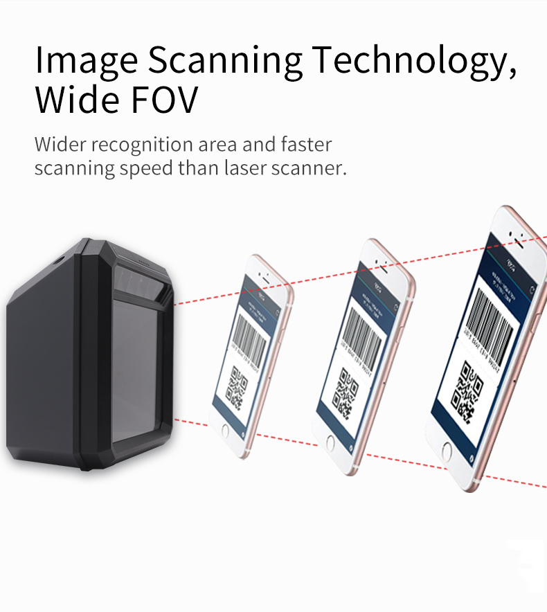 Desktop Wired USB Barcode Scanner with Red LED Illumination and Omni Directional Scanning