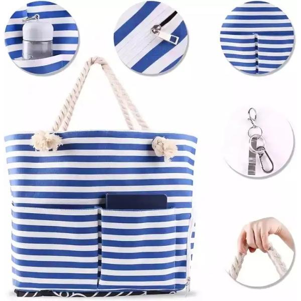 Extra Large Zipper Washable Beach Tote Two Compartment Waterproof With Front Pocket