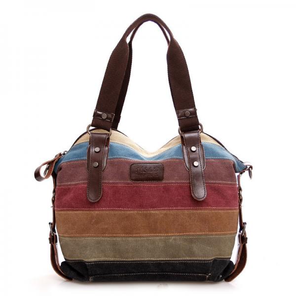 Quality TREND NEW RAINBOW STRIPED CANVAS BAG FASHION PATCHWORK WOMEN'S BAG WATER WASH CLOTH BAG for sale