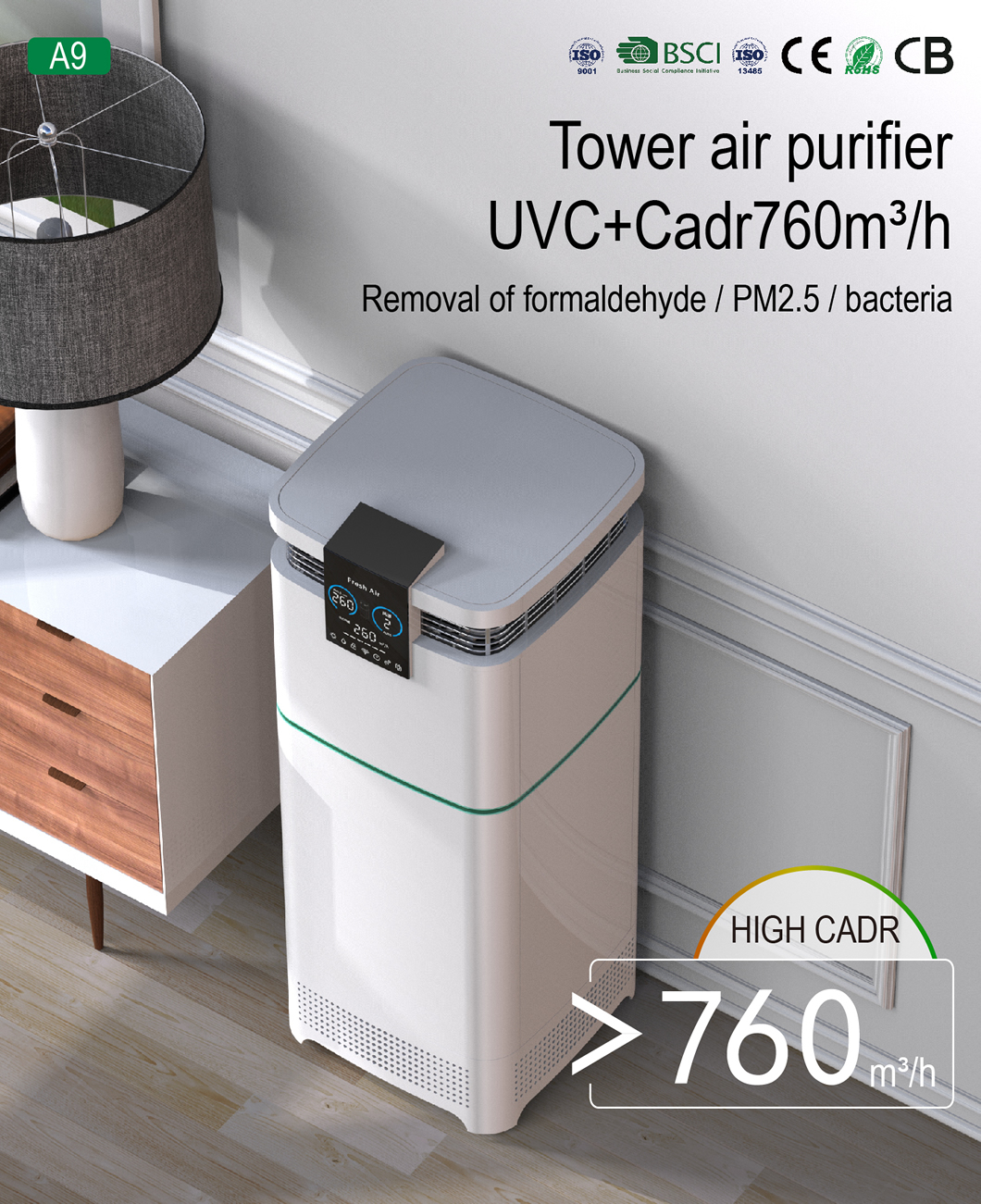 Homefish ODM UV Air Cleaner Negative Ion H13 True HEPA Filter Air Purifier Activated Carbon Tuya Smart Wifi Air Purifier