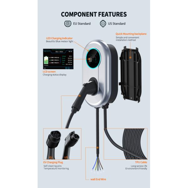 3 Phases 400v Type 2 AC EV Charger Wifi Charging Adjustable Current
