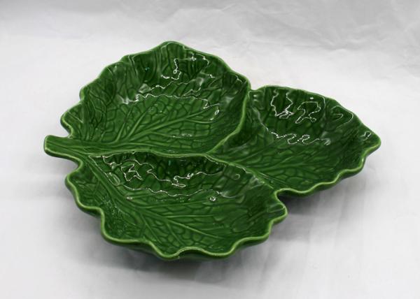 Quality Green Ceramic Cabbage Leaf Plates 3 Part Dolomite Dinner Serving Platter for sale