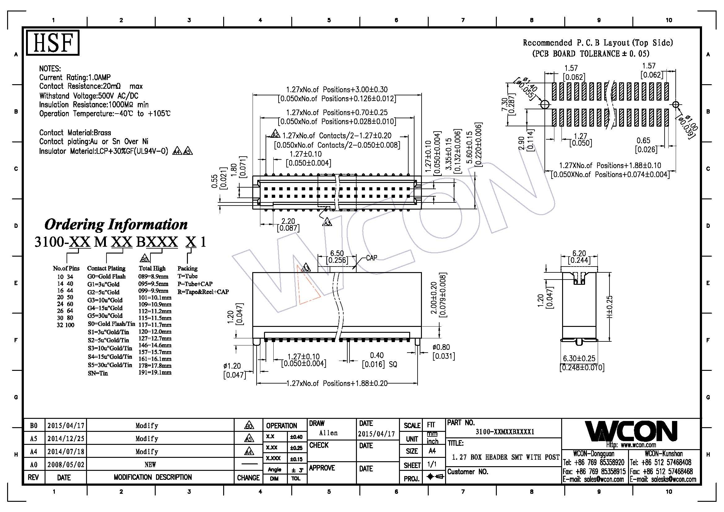 black plastic 1.27 Box Header 50Pin SMT LCP With Diff.Post high temperature material ROHS