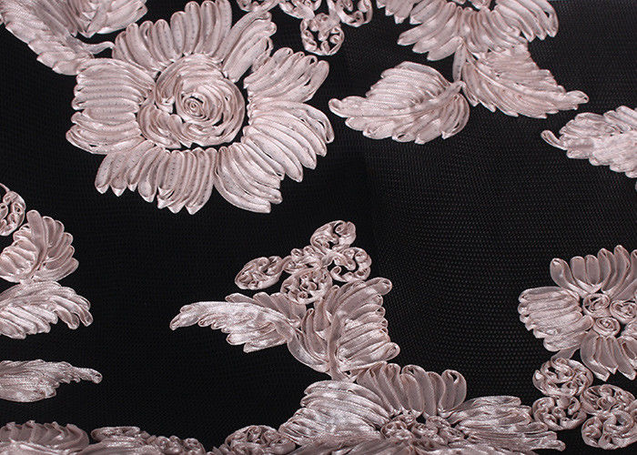 Fashion Chenille Embroidered Lace Fabric , Polyester Mesh Fabric For Dresses
