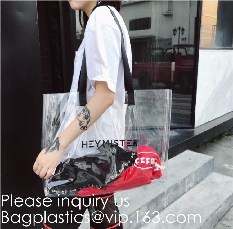 Transparent PVC Blanket Bag/Plastic Shopping Bag/Packaging Bag With Black Woven Trim And Webbing Handle, bagease, packag