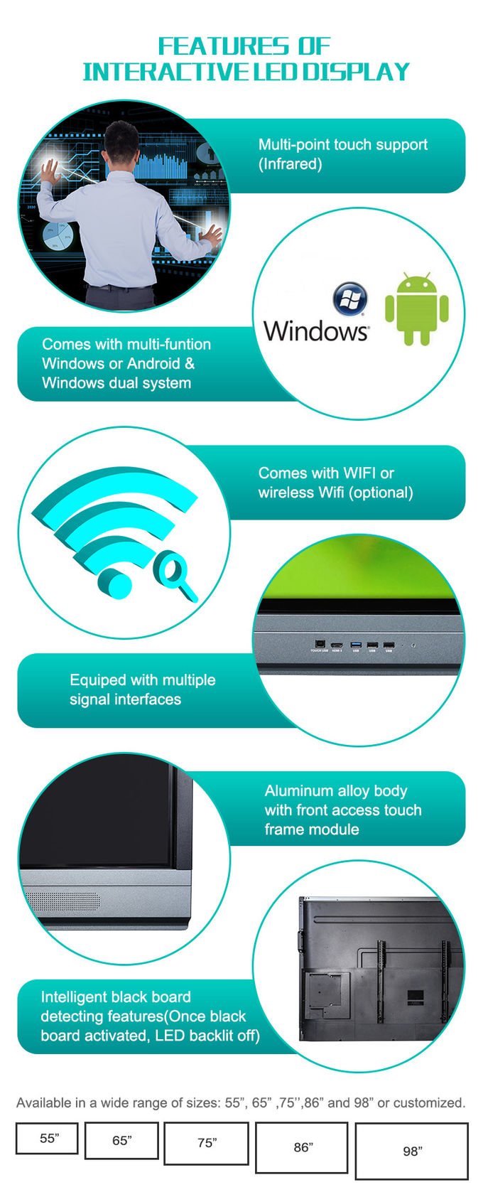 Large 98'' Interactive Touch Screen Monitor UHD 3840x2160 Resolution