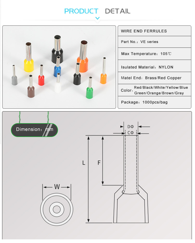 VE4009 4.0mm² Insulated 16.5mm Tail Boot Wire End Ferrules Quick Insertion Terminal For Stranded Wire