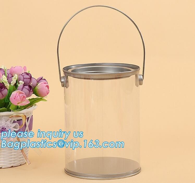 clear PVC PET can for food canning,Customized round clear paint can with tin lid,paint can with tin top & bottom and han