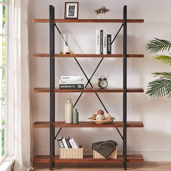 Customized Industrial 5 Tiers Metal And Wood Bookcase Solid Wood Book Shelves