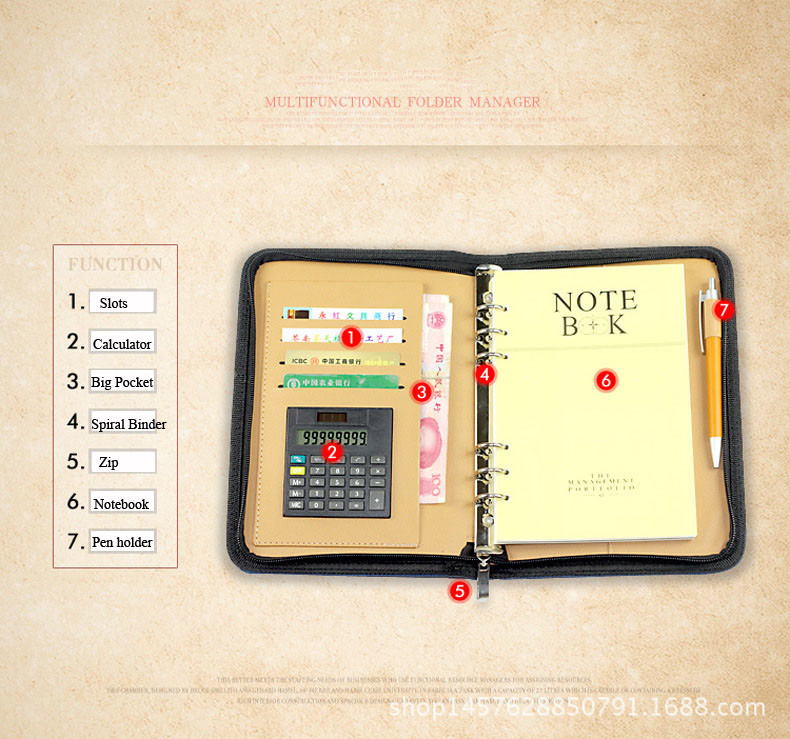 Pu Leather Manager folder notebook with zipper and Calculator