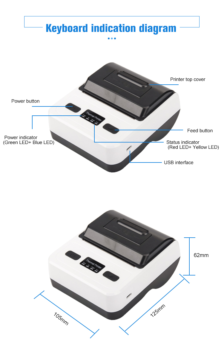 Power Adapter 7.4VDC/2000mA Wireless Thermal Printer with Bluetooth 80mm Max Paper Size