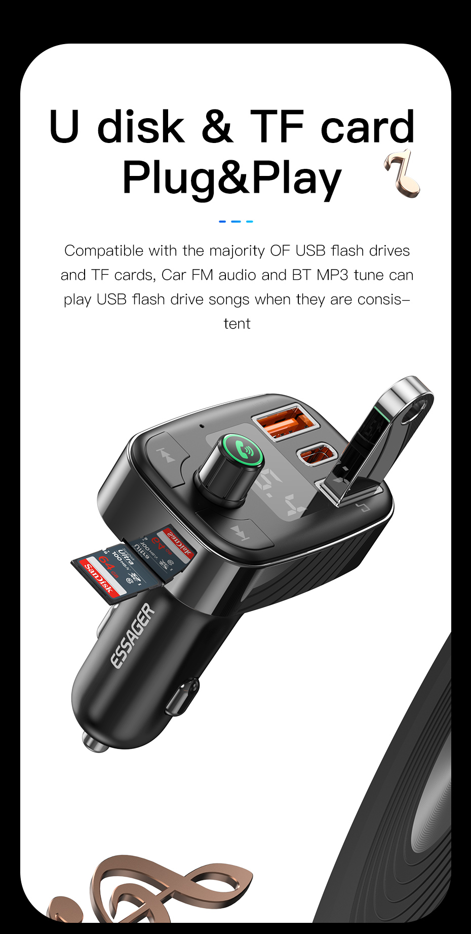 BlueCat FM Blue MP3 Car Charger 50W Fast Charge For Phone USB A USB C U Disk