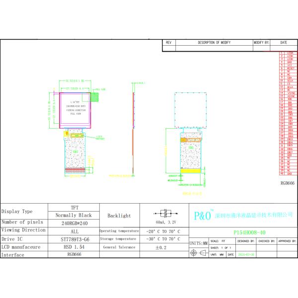 Polcd 1.54 Inch TFT LCD Display 240x240 IPS Square Screen 40 Pin RGB666 Interface LCD Panel