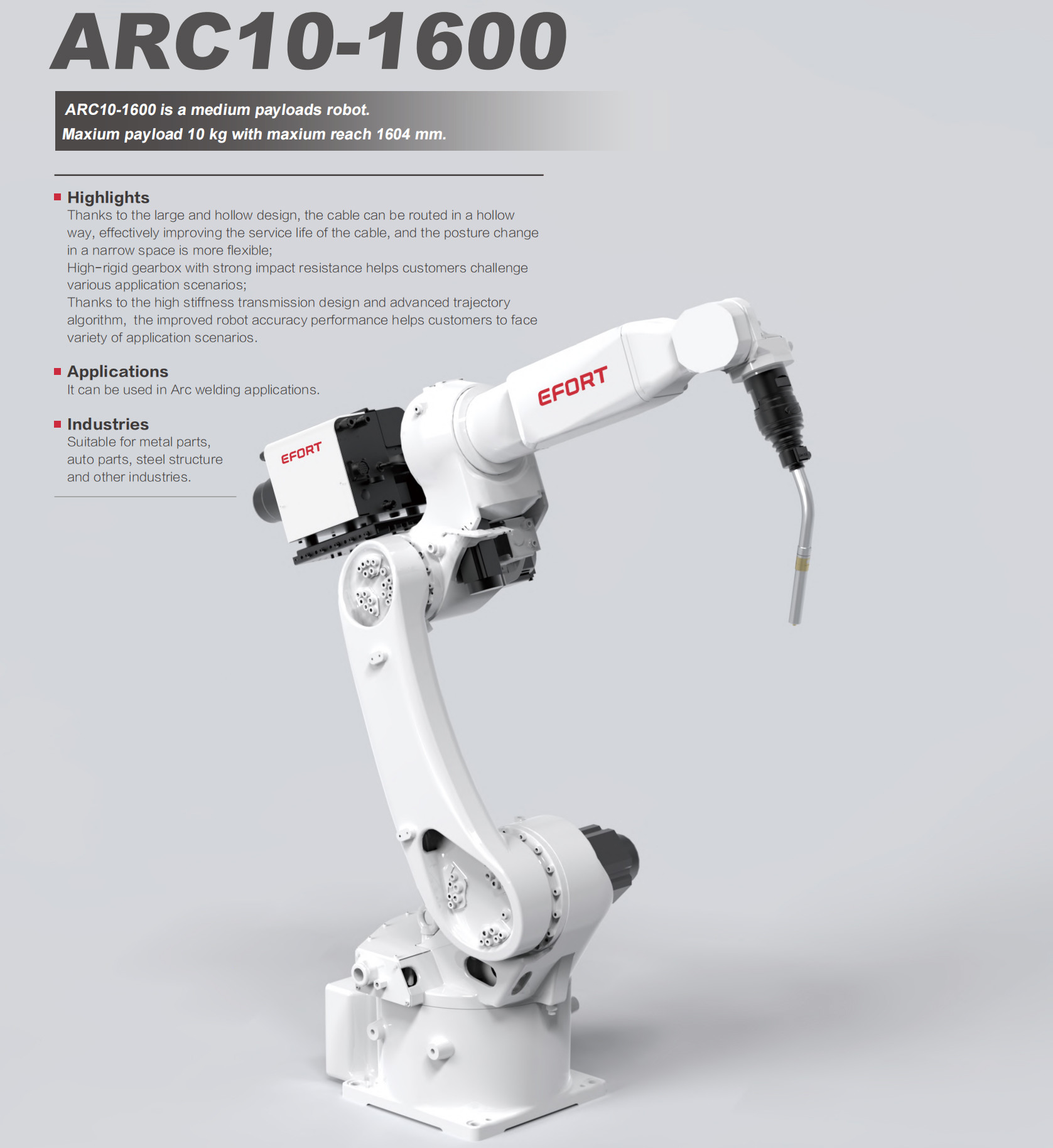 Arc Welding Robot For Metal Parts Auto Parts And Other Industries ARC10-1600 Payload 10kg Reach 1604mm