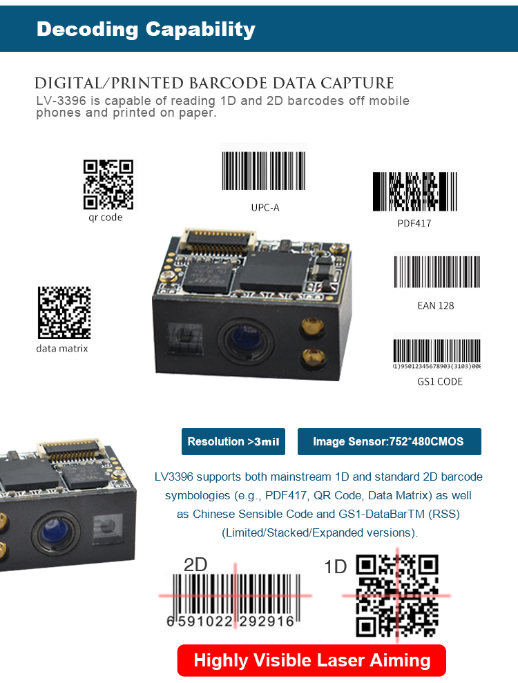 High Resolution 2D QR Arduino Barcode Scanner Module Cross Hair Laser Scanning With Closer Decoding