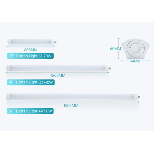 This image presents the appearance and dimensions of the COMLED K-Series LED linear light fixture in three standard models: 2FT, 4FT,and 5FT.