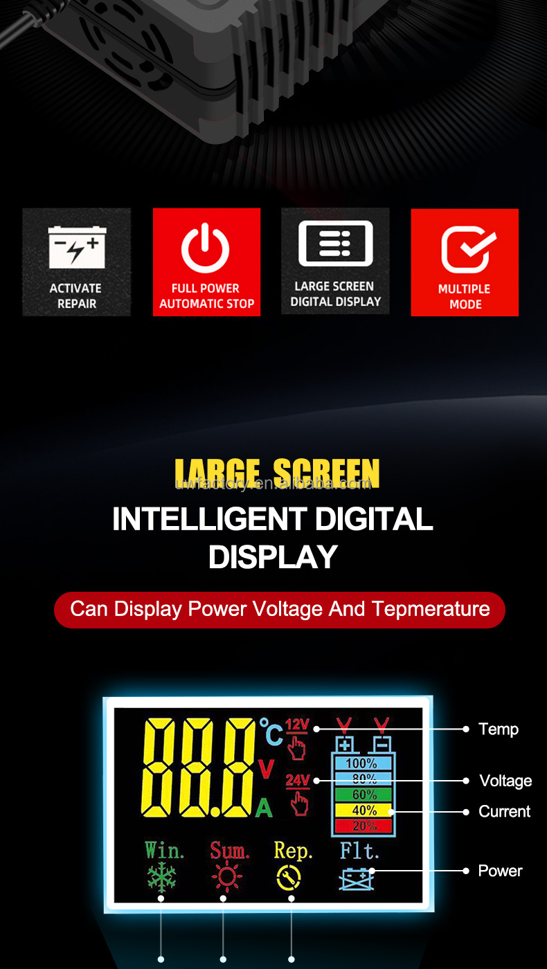 AGM Gel Lead Acid Battery 12V 24V12A Car Battery Charger Intelligent Repair Type Automatic LCD with 90% Charging Efficiency
