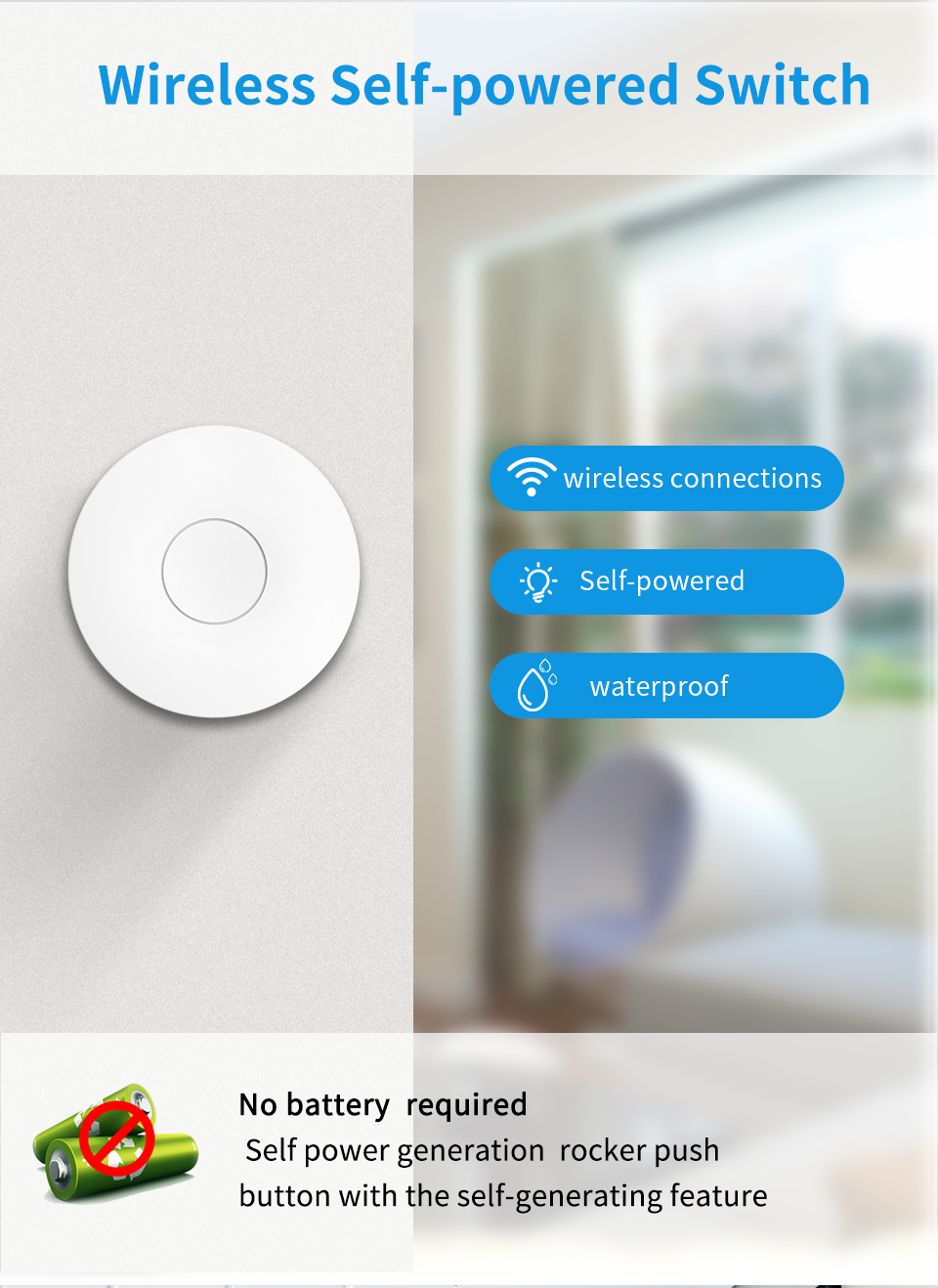 RF433Mhz Self Powered Waterproof Remote Controller Switch Wall Light Switch