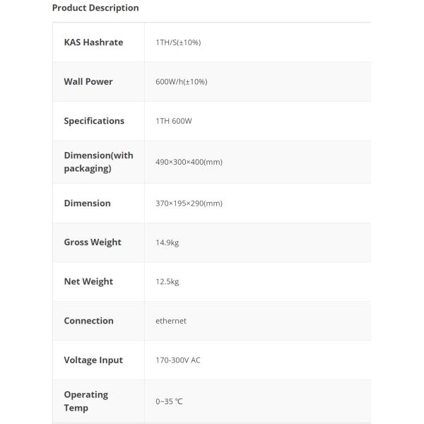 New IceRiver KS1 KAS MINING With 1TH HASHRATE 600W Power Consumption Original Iceriver Kaspa KS1