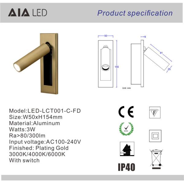 Recessed mounted any finish reading wall light 3W led wall lamp led reading bedside lights