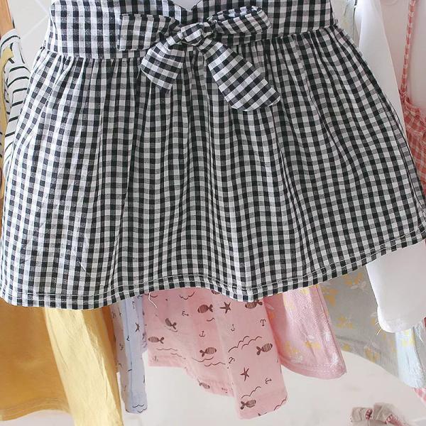Black White Plaid Children'S Dress Clothing Round Neck Short Sleeve Dress With Bowknot