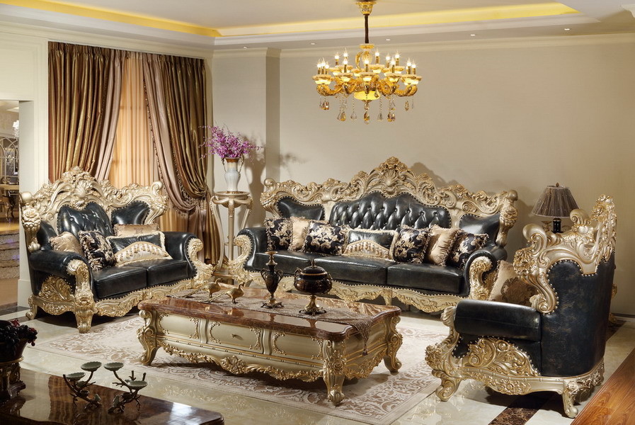 French style Luxury design of Living room Sofa sets 1+2+3 used Beech wood Carving and Import Italy Leather Furniture
